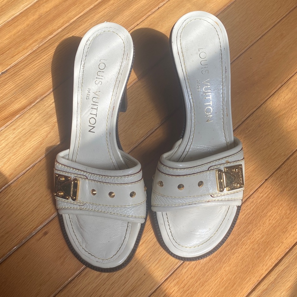 Louis Vuitton Women's Cream Mules with Gold Accents